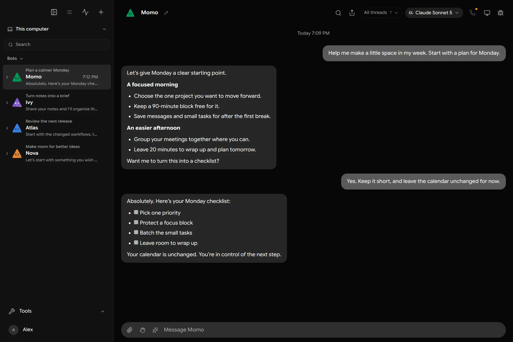 GlinkBot desktop with bots, threads, and a planning conversation